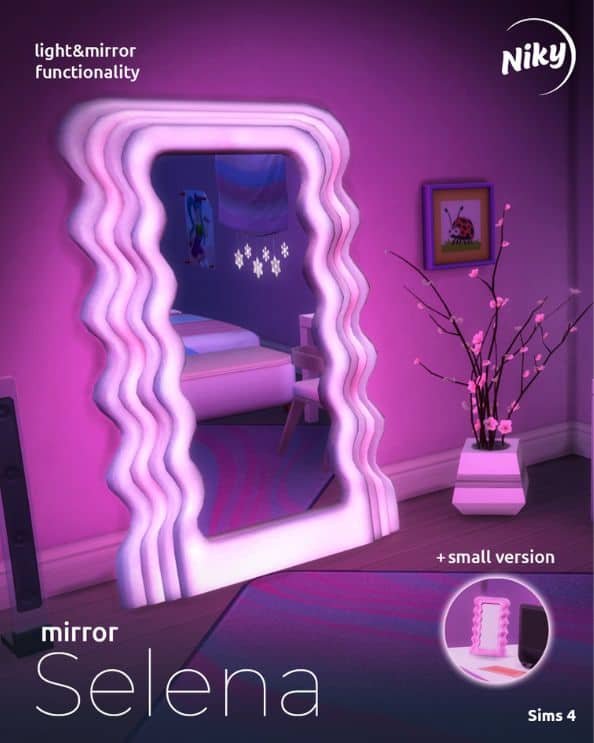 large, wavy frame mirror with lighting, leaning against the wall