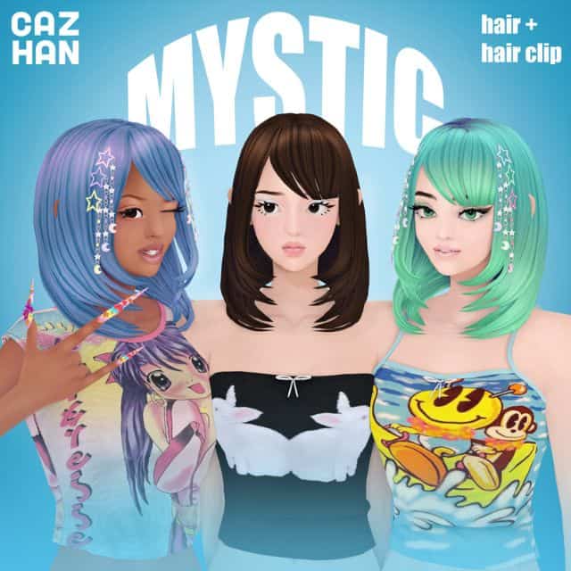 female Sims with layered haircuts and celestial-themed hair clips
