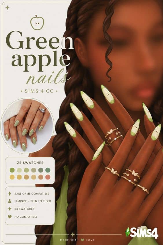 close up of Sim with green-apple themed nails