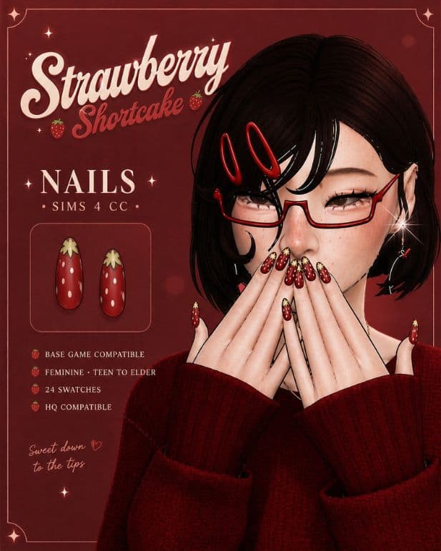 female Sim with strawberry-themed nails