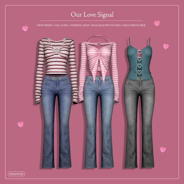 collage of tops with heart details and jeans