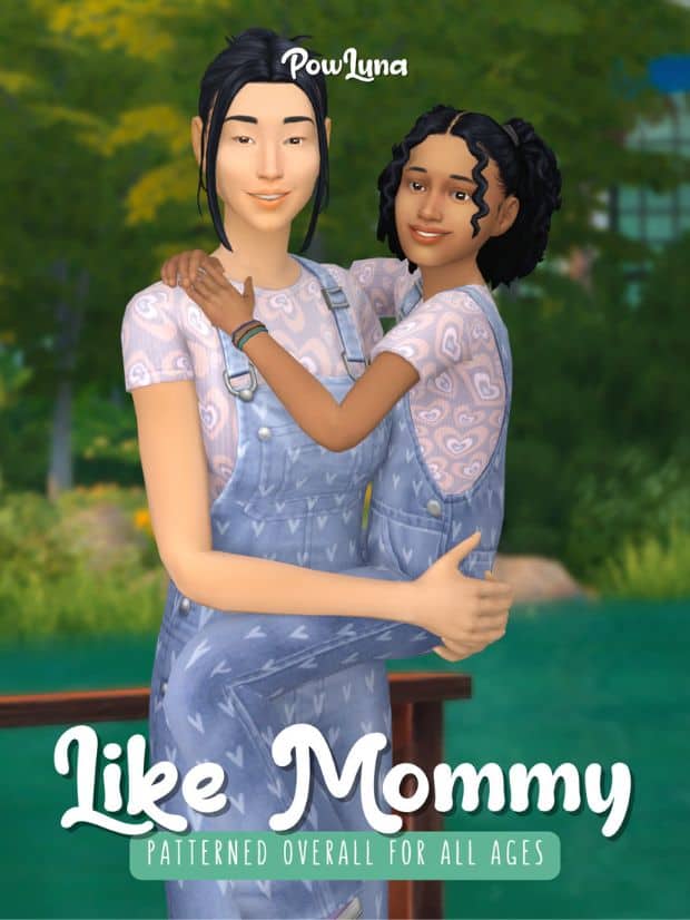 Adult and child Sims wearing matching overall outfits