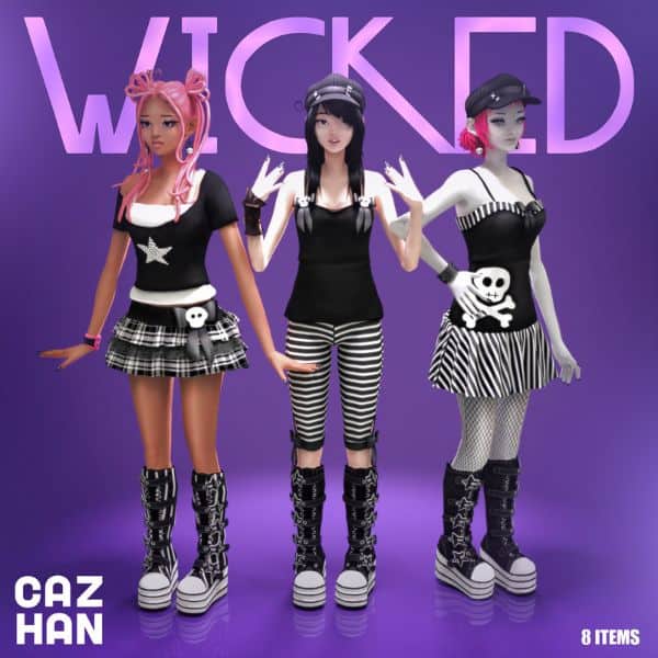 female Sims wearing alt-punk outfits
