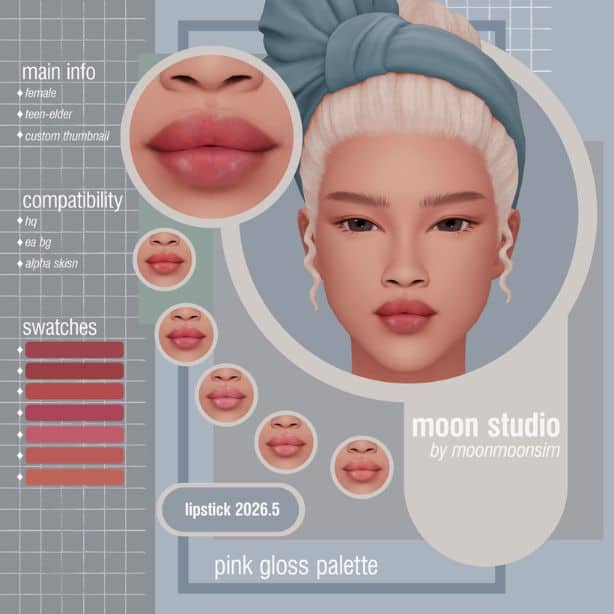 female Sim wearing a berry-pink lip gloss
