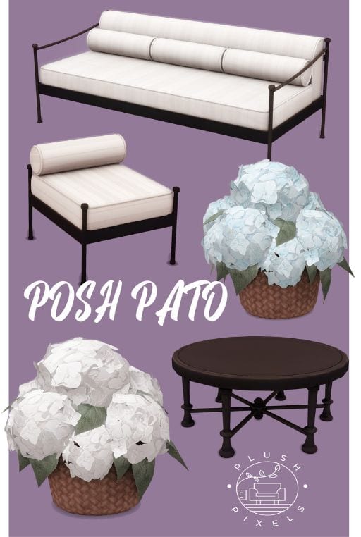 collage of furniture and decor pieces for a garden patio