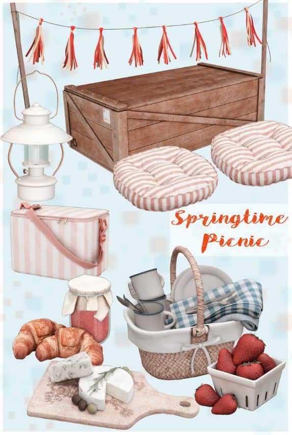 collage of mixed picnic items including cushions and food