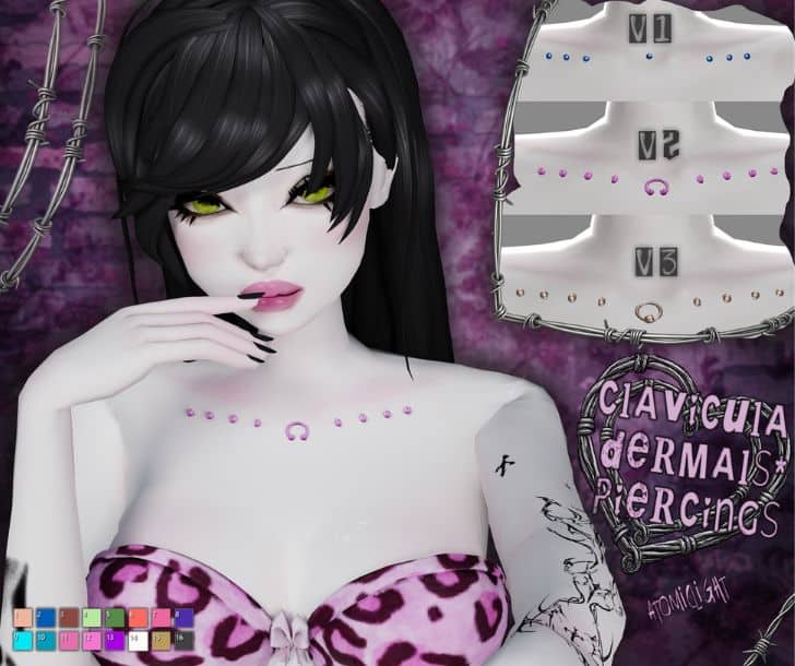 female Sim with a clavicula dermals piercings