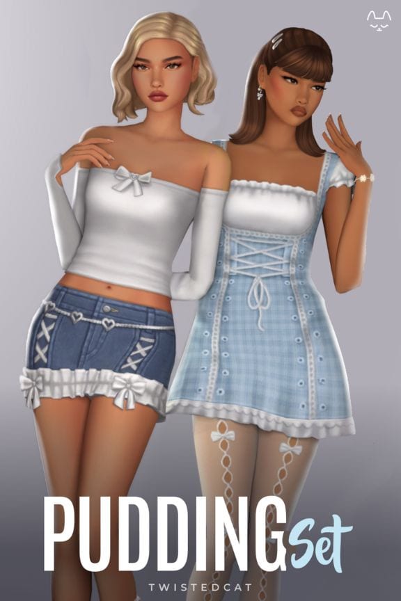 two female Sims wearing frilly outfits with bow details