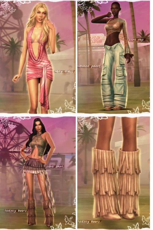 collage of female Sims wearing boho cowgirl festival outfits