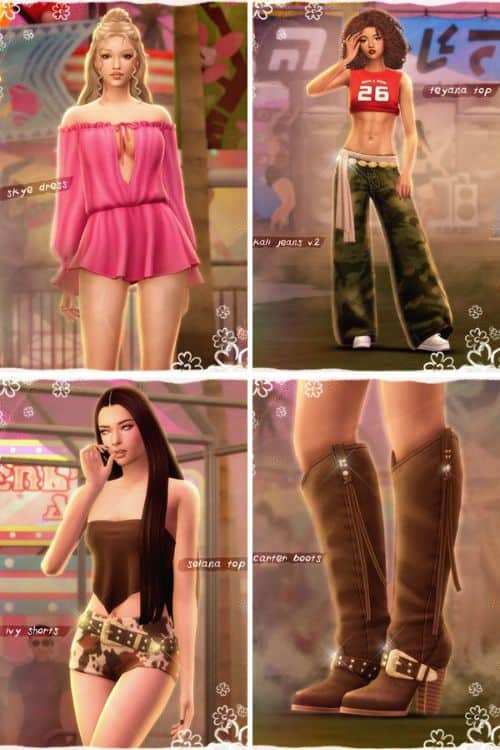 collage of female Sims wearing boho cowgirl festival clothing and cowgirl boots