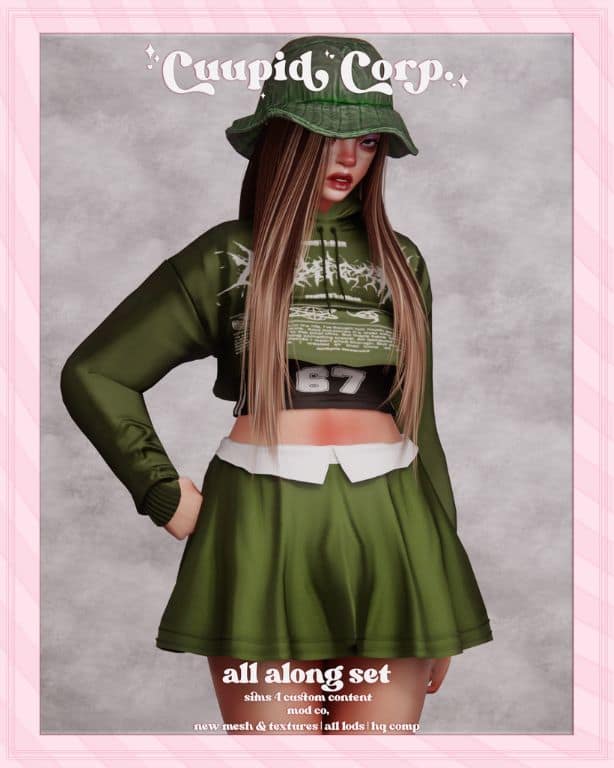 female Sim wearing an olive green bucket hat, cropped sweater and mini skirt