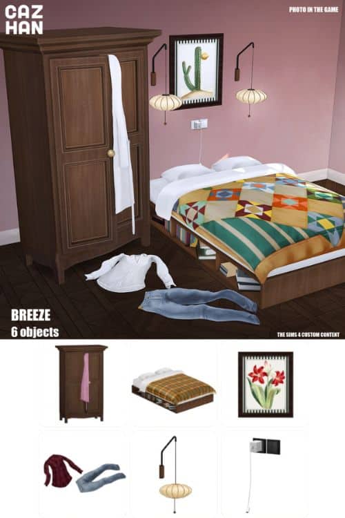 a bedroom with clothing lying on the floor