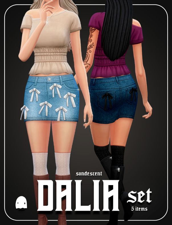 Sims wearing denim skirts, stops, boots and a necklace