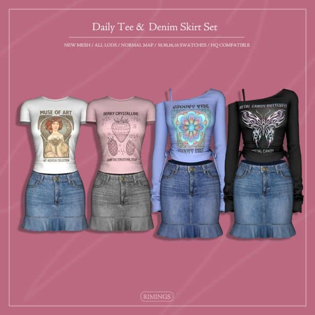 collage of denim skirts and casual tee options