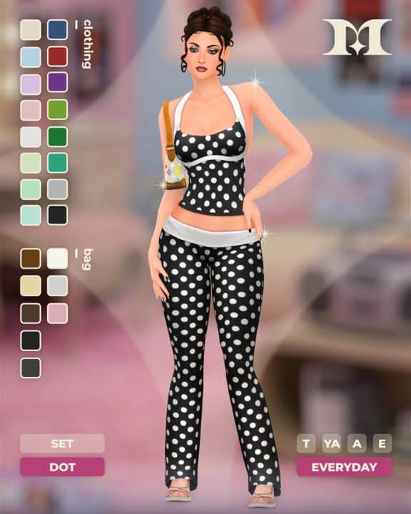 female sim wearing a polka halter top, flare pants and a vintage purse