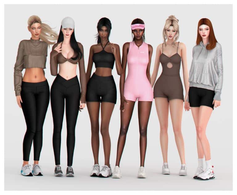 six female Sims dressed in gymwear