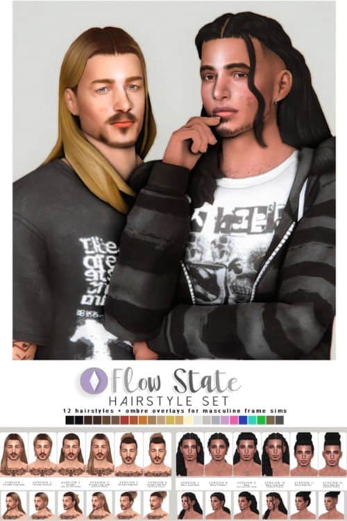 male Sims with different short and long hairstyles
