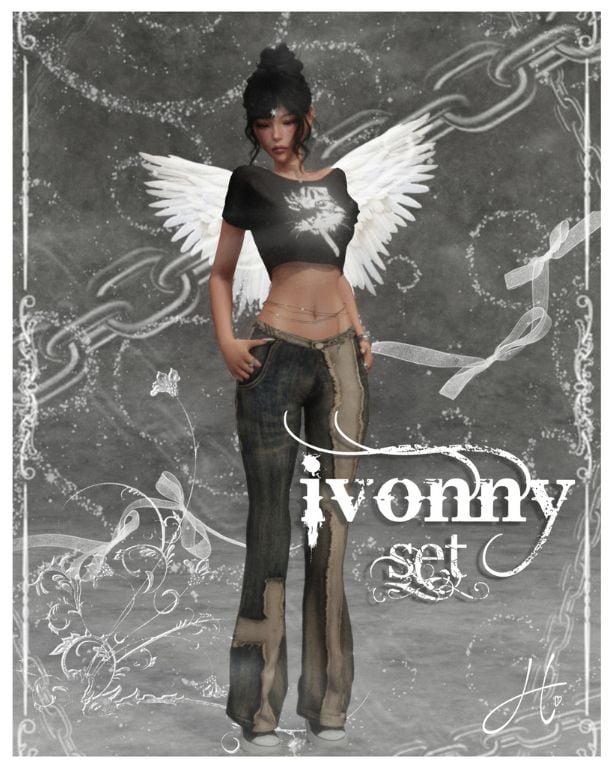 female Sim wearing a black crop top and low rise bottoms