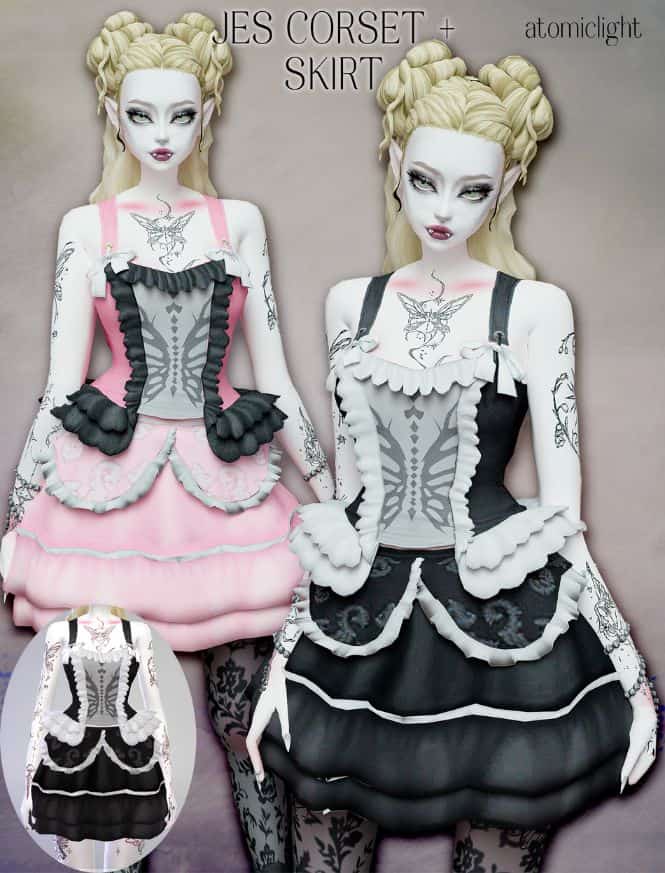 female Sims wearing gothic corsets and ruffle skirts