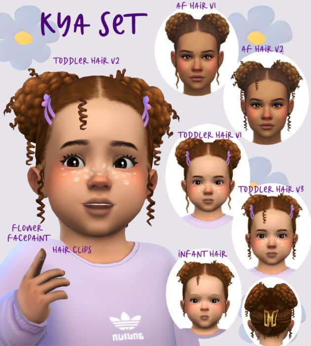 female Sim of different ages with the same double bun hairstyle