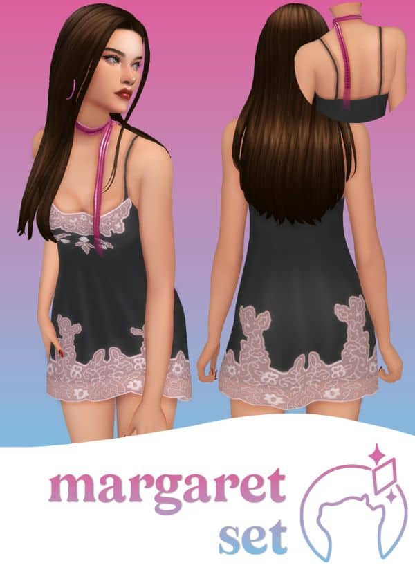 female Sim wearing a nightgown dress with a sparkly scarf