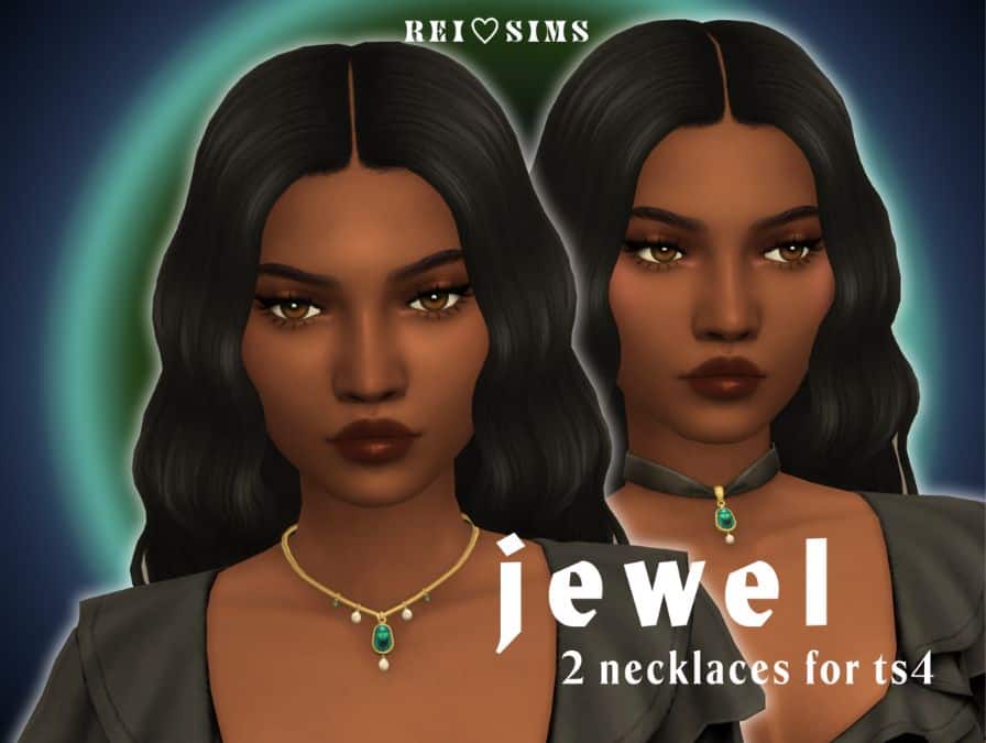 female Sims wearing green jewel necklaces
