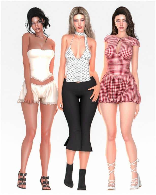 three female Sims wearing mixed flirty outfits