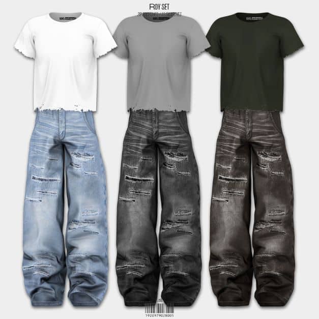 collage of three distressed tees and jeans in different swatches