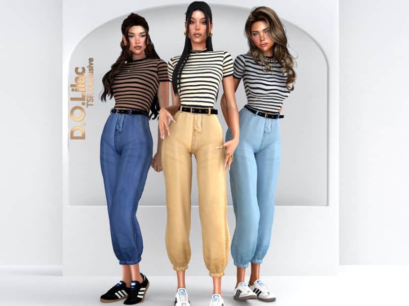 female Sims wearing striped short sleeve tops and belted capri bottoms