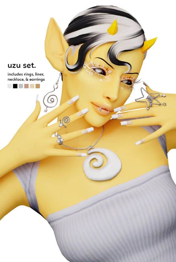 Sim wearing white liner, metal rings, necklace and earrings