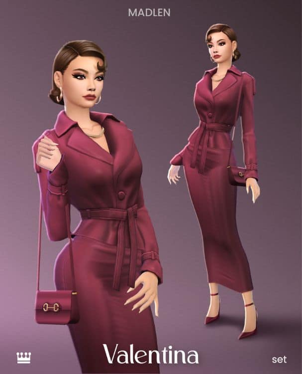 female Sim wearing a plum colored belted jacket, pencil skirt and matching purse