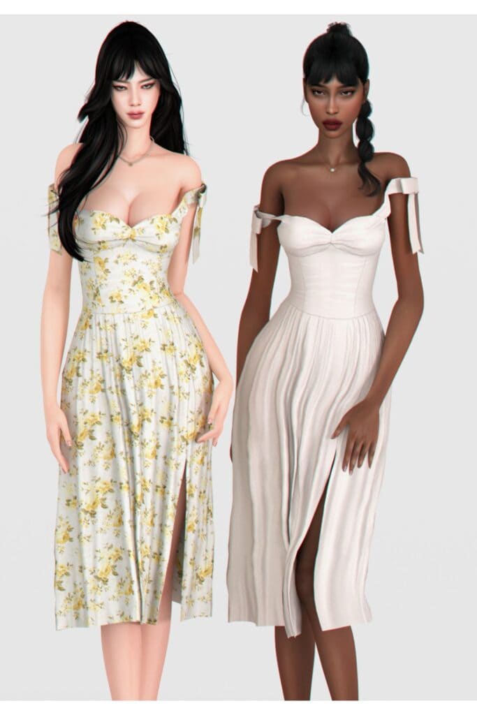 two female Sim wearing off the shoulder midi length dresses