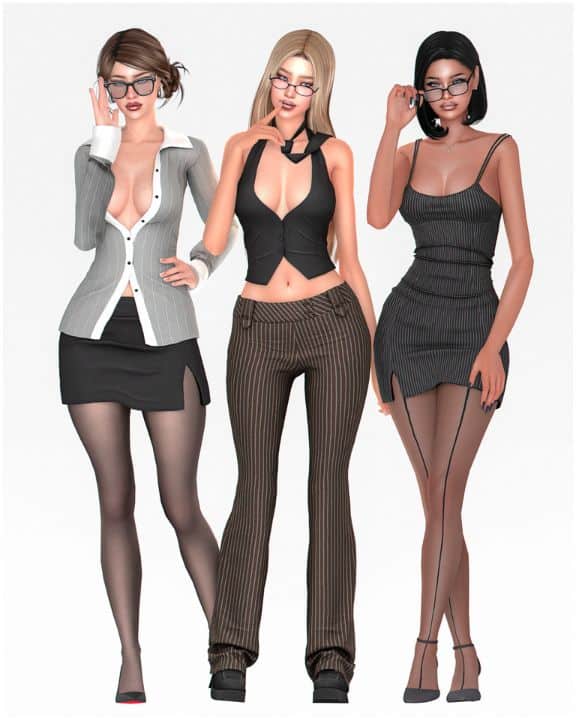 three female Sim wearing flirty office-inspired outfits