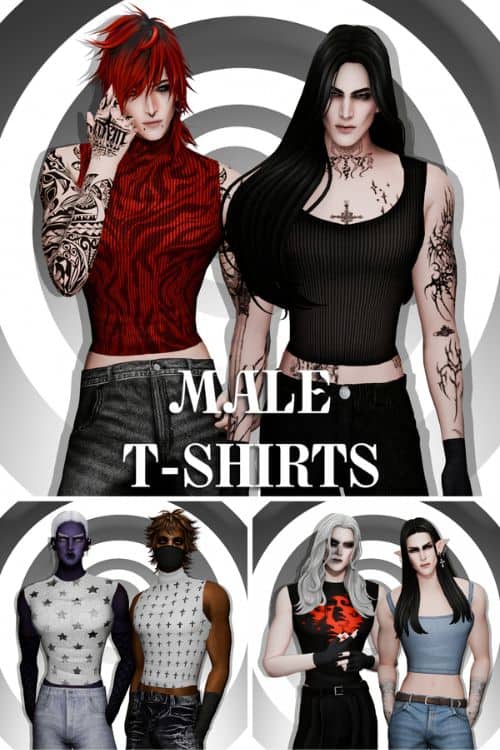 male Sims wearing different styles of T-Shirts