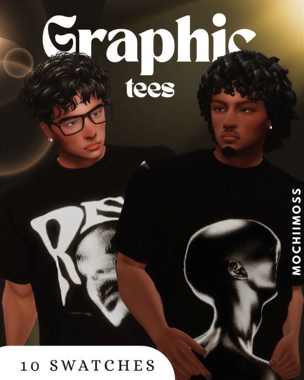 male Sims wearing Y2K graphic tees
