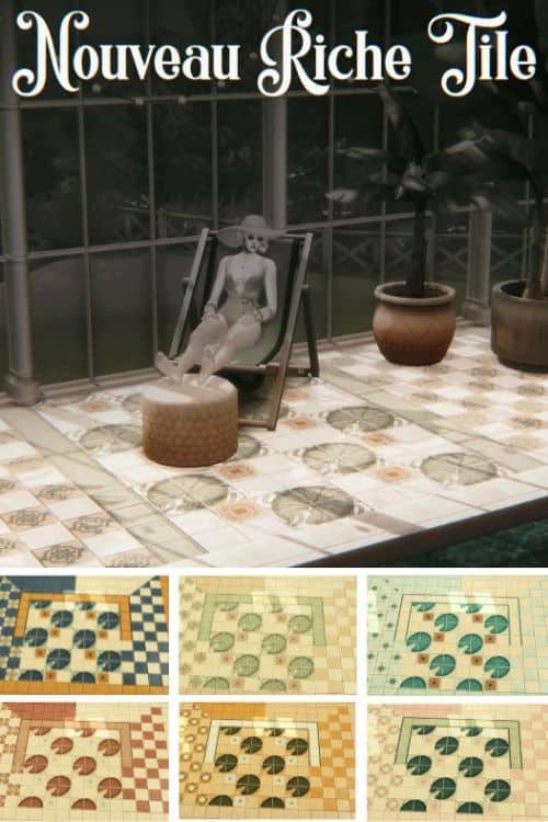 Sim lounging by a pool on a tiled surface