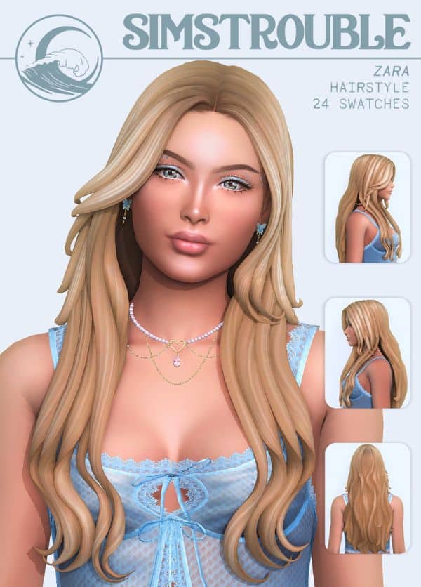 blond female Sim with long wavy hair
