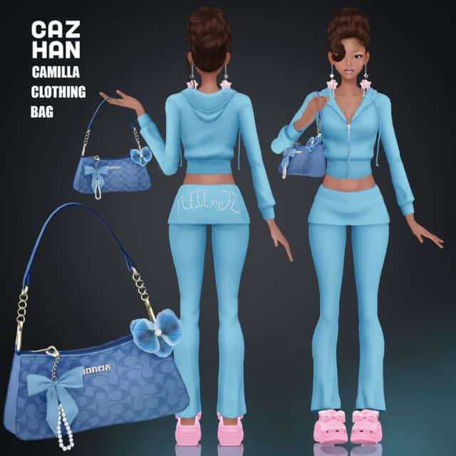 female Sim wearing a cropped blue hoodie, and flared lounge pants