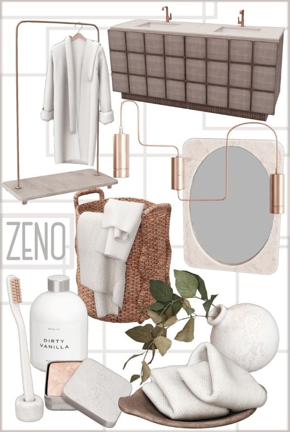 collage of mixed bathroom furniture and decor pieces