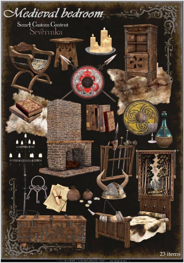 collage of medieval bedroom furniture and decor pieces