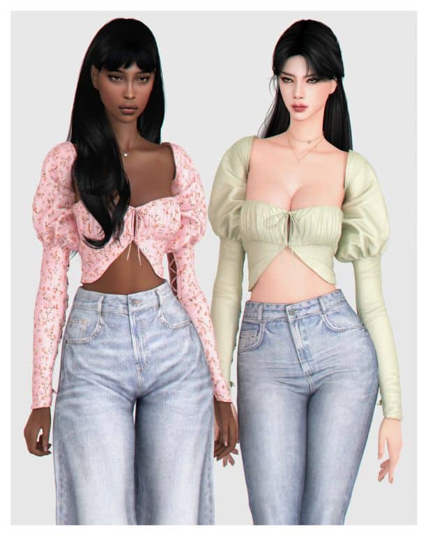two female Sims wearing cropped blouses with puff sleeves
