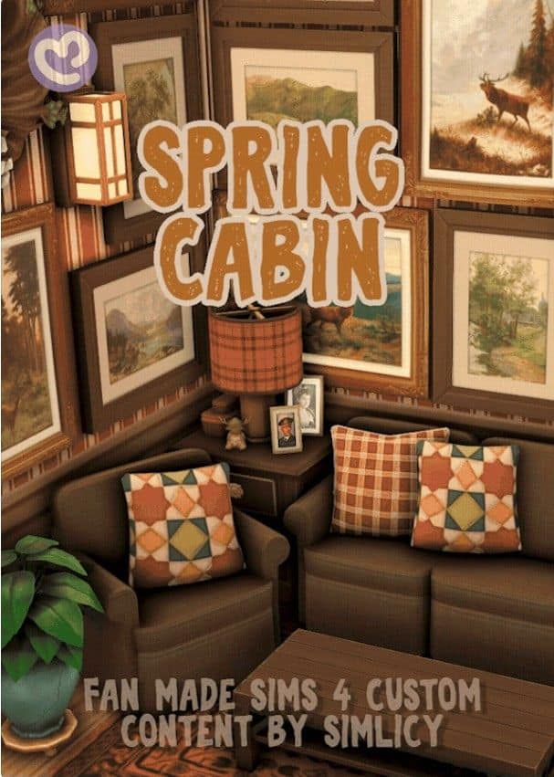 a cozy cabin living room setup with plenty of framed wall art