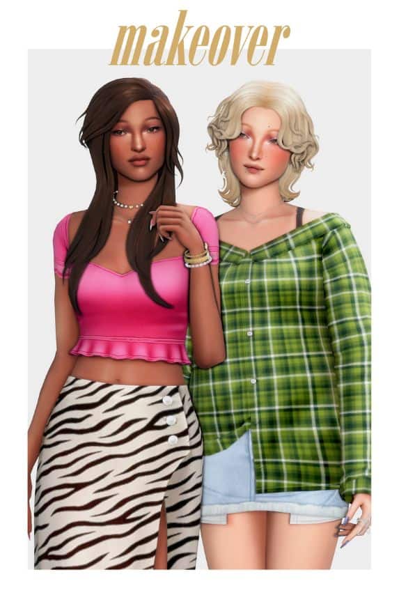 two female Sims wearing with modern hairstyle and colorful clothing