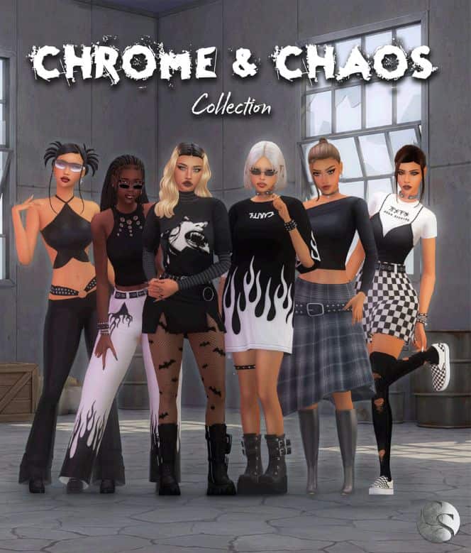 six female Sims dressed in edgy alt outfits