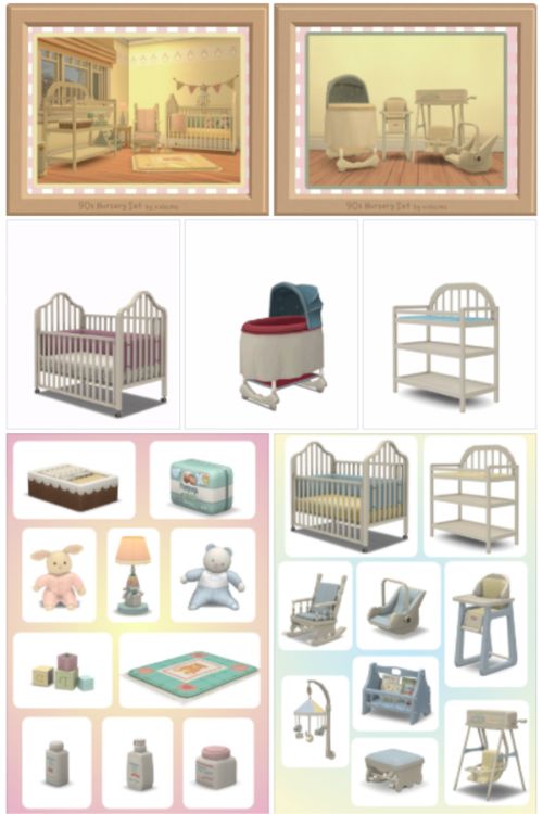 collage of mixed cribs and nursery furniture and decor