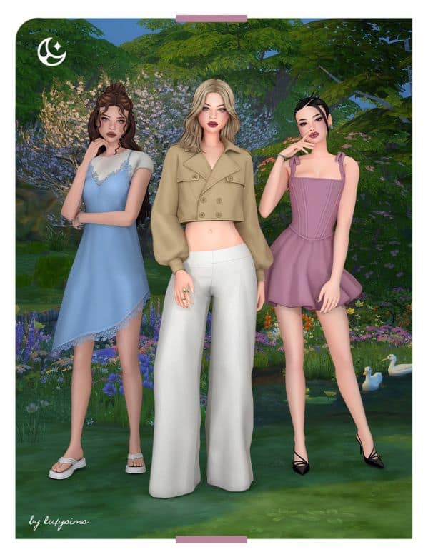 female Sims wearing spring-inspired clothing and accessories