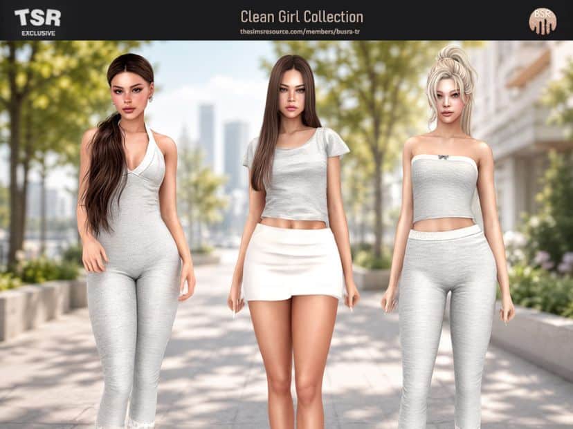 three female Sims wearing grey-themed casual outfits
