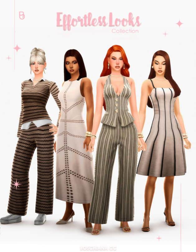 four female Sims wearing chic dresses and two-piece sests