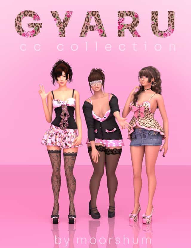 three female Sims dressed in a Gyaru-inspired outfits