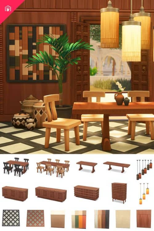 a chic wooden dining room setup and more pieces shown in a table
